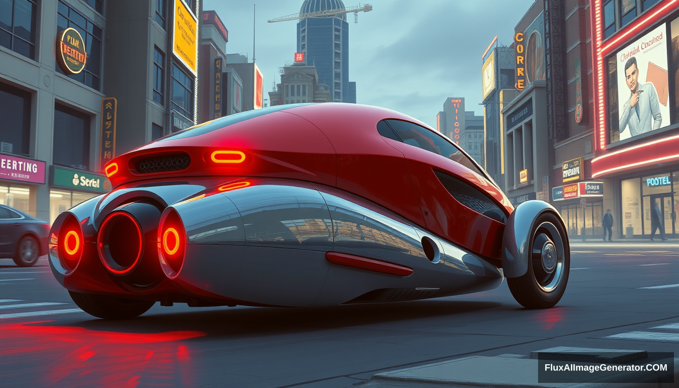 3/4 shot, a three-wheeled car having (exactly 1 rear wheel), as painted by Syd Mead, future city setting, 4k. - Image