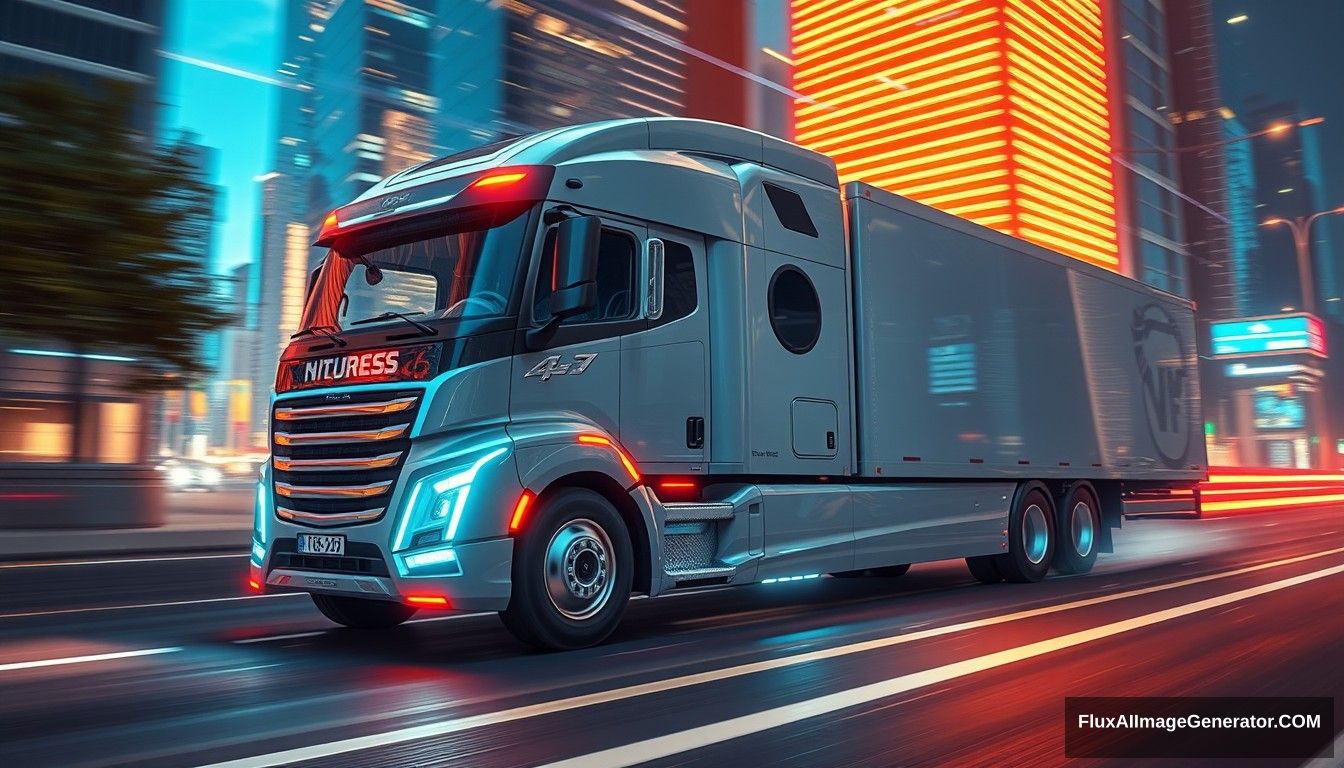 The truck has simple and dynamic lines, the future city, driving high-tech trucks, speed lines, glow, the overall picture is bright and clean, full of a futuristic sense. - Image