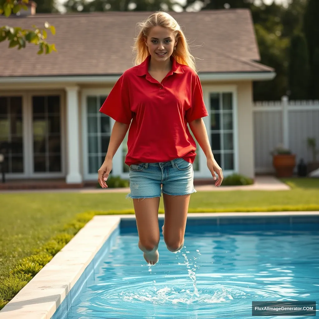 Front view of a young blonde skinny woman who has a good tan is in her early twenties in her massive backyard wearing a massively oversized red polo t-shirt, which is a bit off balance on one of the shoulders, and the bottom part of her t-shirt isn't tucked in. She is also wearing M-sized light blue denim shorts and no shoes or socks. She jumps into the pool legs first.