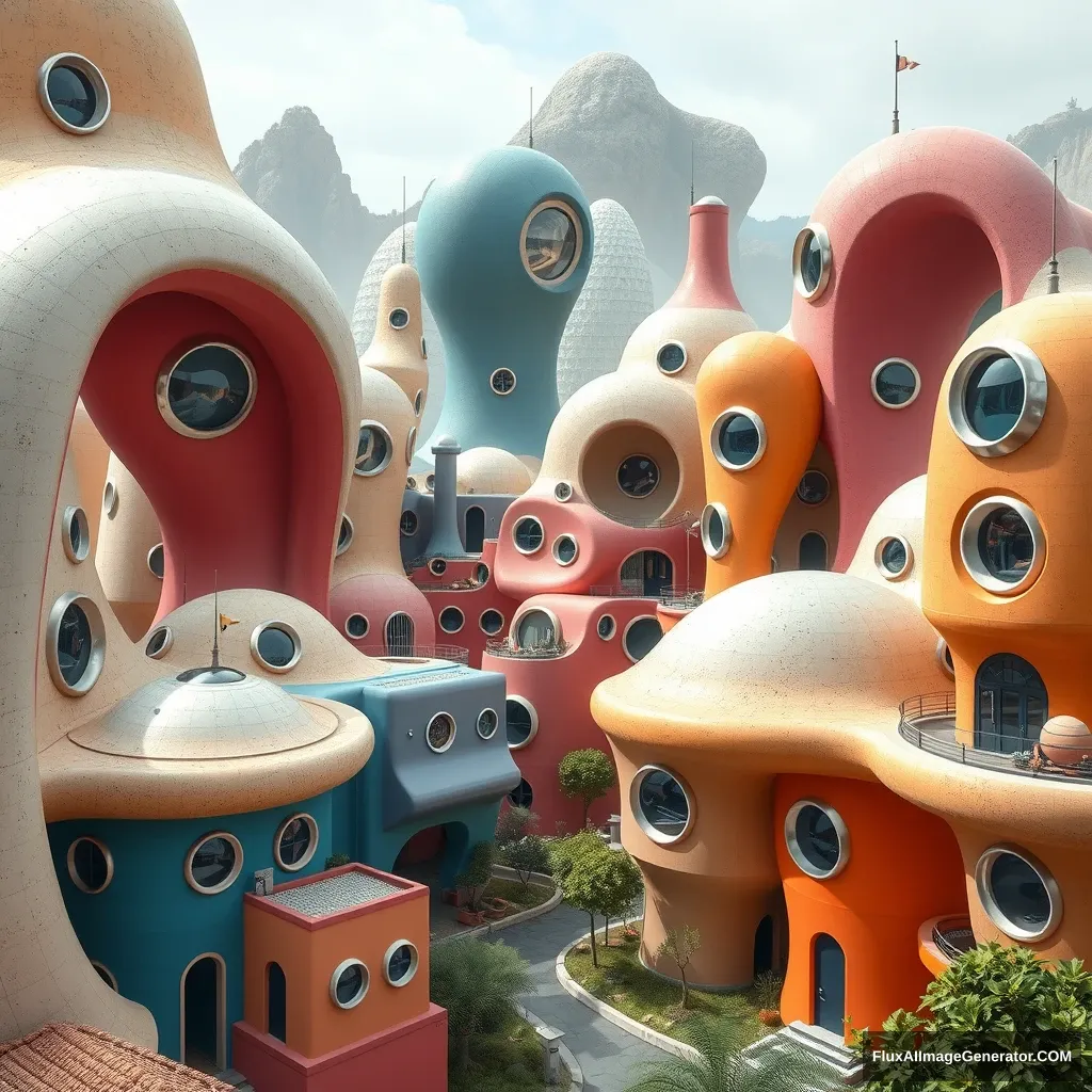 Futuristic town with morphic architecture, circular windows, each building is a different color.