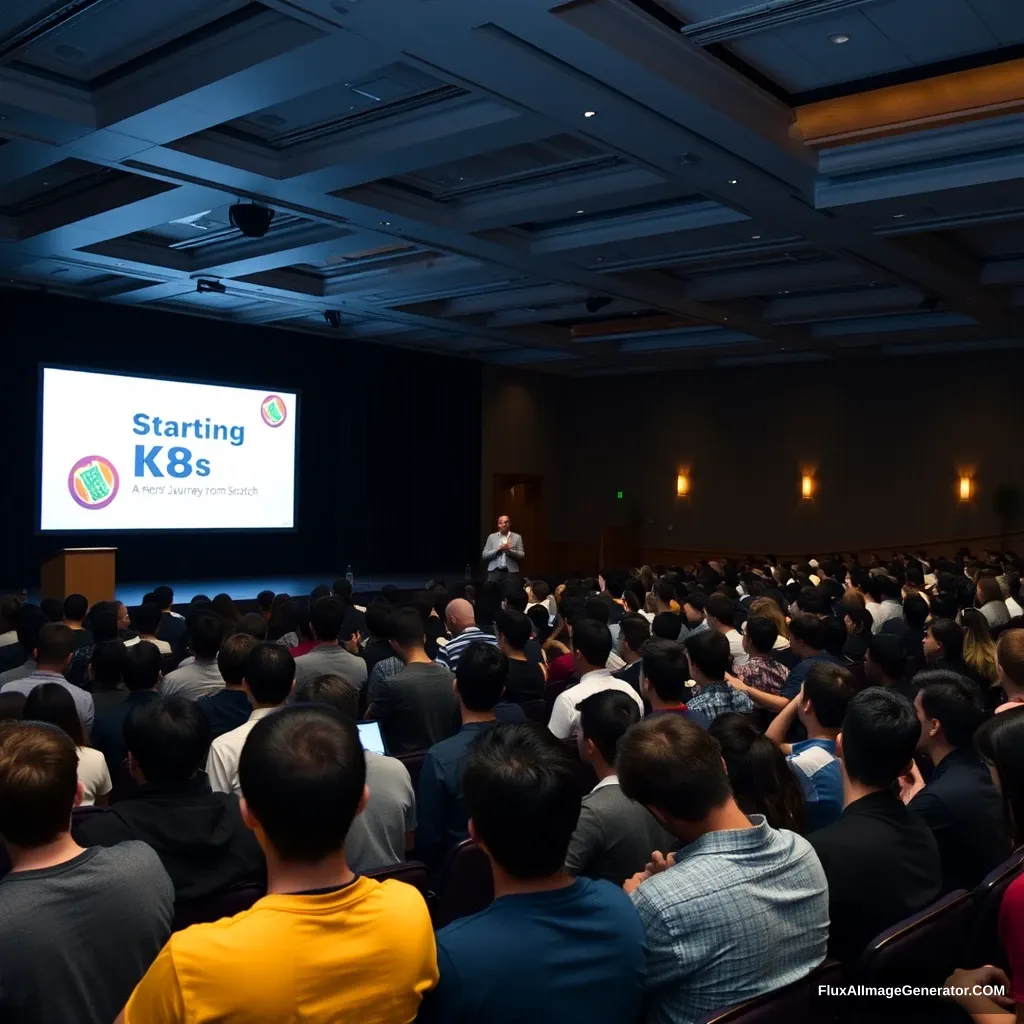 A large conference room is packed with young audiences. On stage, a speaker stands in front of a big screen that displays "Starting K8s: A Hero's Journey from Scratch." The audience is fully engaged, listening attentively to the speaker's presentation. The room is dimly lit, but the lights on stage are bright, illuminating the speaker and the screen. This scene conveys an atmosphere of knowledge sharing and learning.