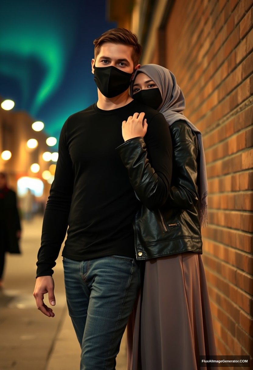 Jamie Dornan, tall, young, black face mask, wearing a black long sleeve T-shirt, jeans, 

dating a romantic love interest, a grey hijab Muslim girl with beautiful eyes, black face mask, leather jacket, wearing the longest and biggest skirt, not a tall girl, 

laying on his shoulder, hugging from behind, near a brick wall, in town, photorealistic, street photography, night scenery, aurora borealis.