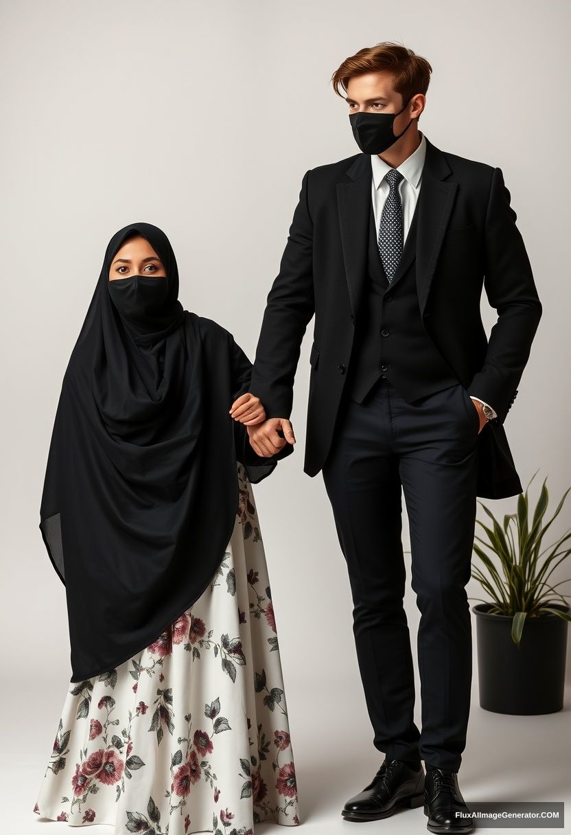 A biggest black hijab girl, beautiful eyes, face mask black, biggest white floral longest dress, untall, standing, hold his arm

Jamie Dornan, youngest, black suit coat, white shirt, grey pattern tie, black leather sneaker, tall man, face mask black, fit tough body, standing near her, love couple 

hyper realistic, studio photography, photorealistic - Image