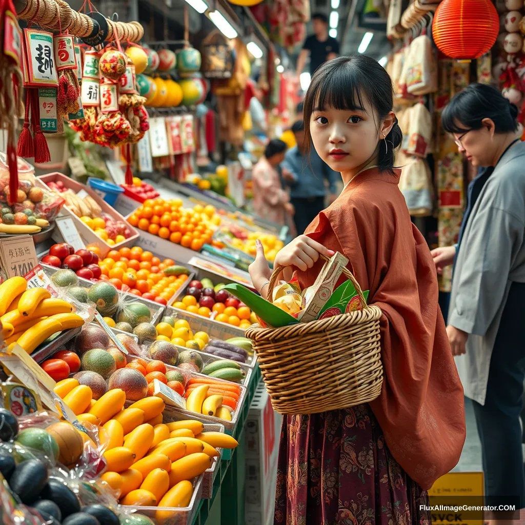 A realistic high-definition style photo features a Japanese girl carrying a small basket filled with fresh fruits and handmade crafts. The goods at the stall are colorful and overwhelming. Dressed in traditional attire, I engage with the vendors, feeling completely immersed in this lively market. - Image