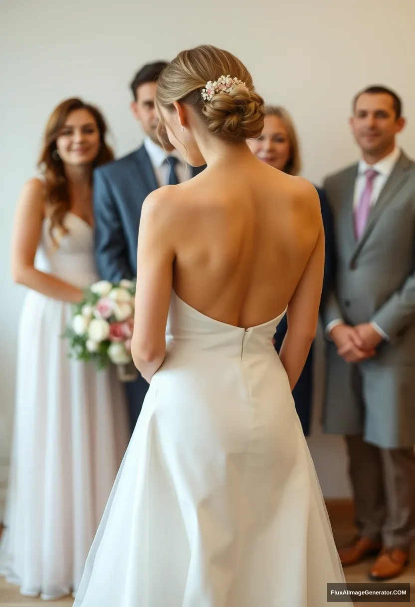 a young woman, sensitive, delicate, ashamed, backless strapless low-waisted wedding dress, in front of family