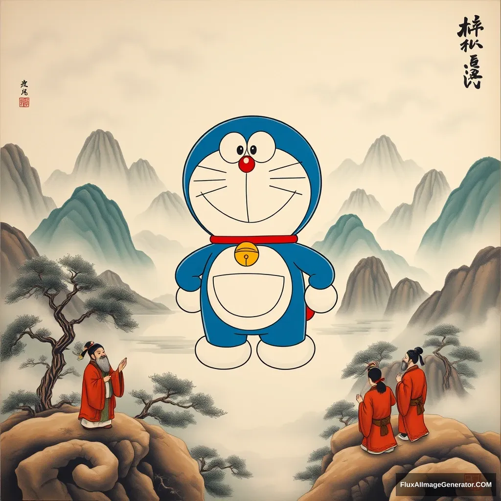 Imagine a classic Chinese landscape painting, with misty mountains, serene lakes, and ancient trees in the background. Suddenly, the beloved manga character Doraemon emerges from the clouds, his bright blue and white robotic body starkly contrasting with the traditional Chinese scenery. He stands confidently in the center of the painting, his iconic four-dimensional pocket visible on his front, as if ready to pull out a futuristic gadget to interact with the ancient Chinese figures in the painting. The colors and style of the painting remain traditional and nostalgic, yet Doraemon's appearance brings a playful and whimsical touch to the classic artwork.