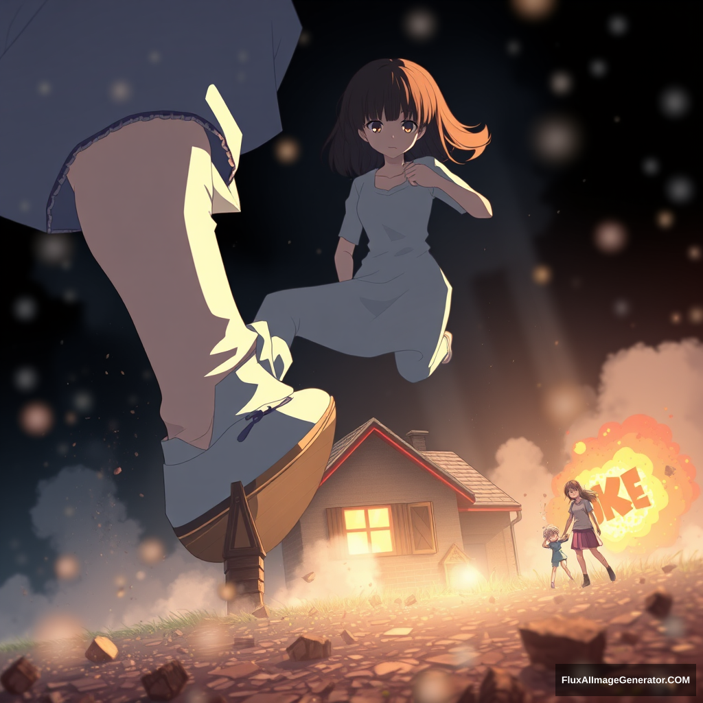 An image taken by a satellite of a gigantic, growing anime woman, raising her foot over a house as if she were going to stomp down, surrounded by her shocked family. Pixel art style, depth of field bokeh, destruction, smoke, debris, motion blur, water droplets, fog. - Image