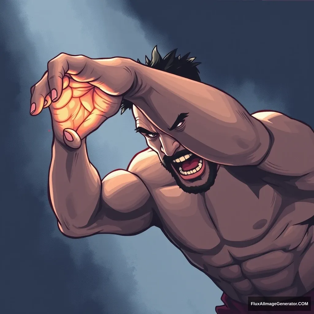 Cel shaded art, a strong man is trying to grab something, hand open.