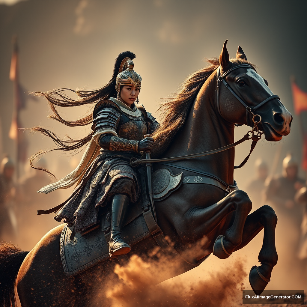 Prompt 2: Realistic Photography  
Realistic photography of a female warrior from the Han Dynasty in ancient China, clad in ornate armor with a stern expression, riding a majestic horse in a battlefield, the horse rearing up, dust swirling around them, 4K ultra-high definition, warm and earthy tones reflecting the historical setting, dramatic lighting with strong shadows, dynamic composition capturing the power and determination in her stance, Canon EOS R5, 85mm, f1.8, shallow depth of field.