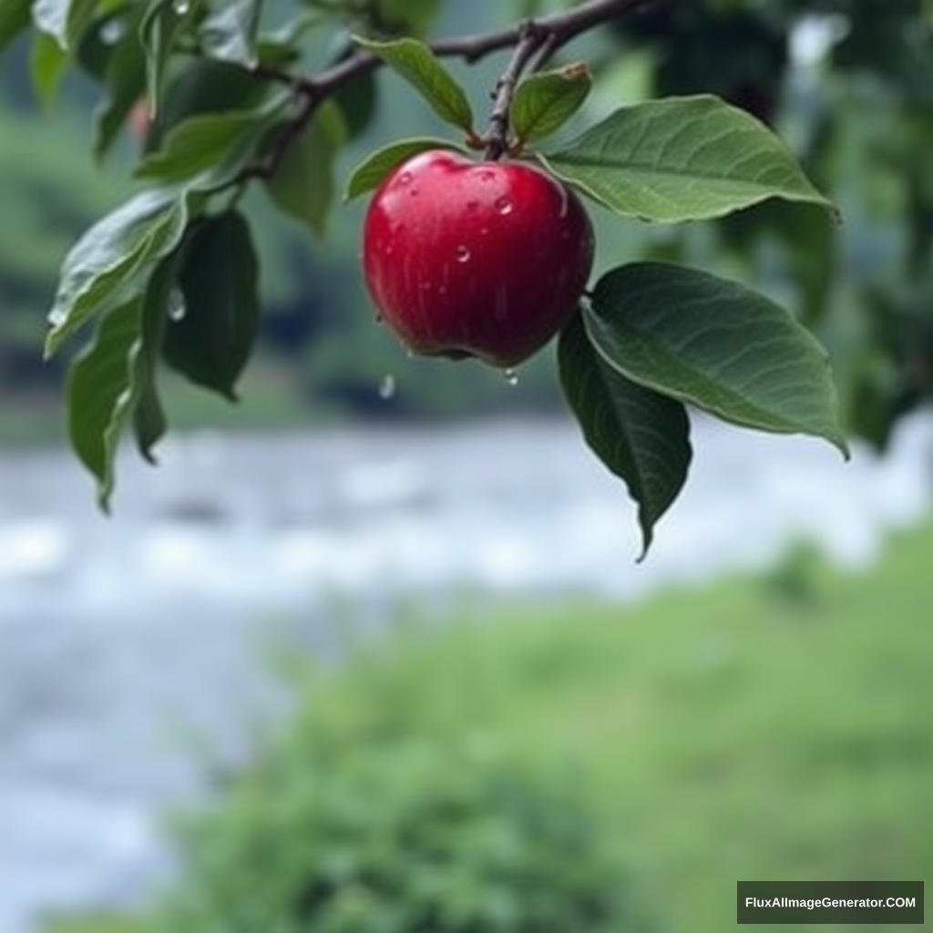 a red apple on a green tree near a river, rainy day - Image