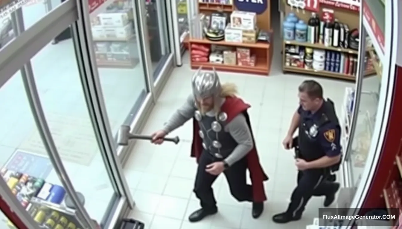 Footage of a surveillance camera showing Thor stealing a hammer from a hardware store; two policemen are catching him.