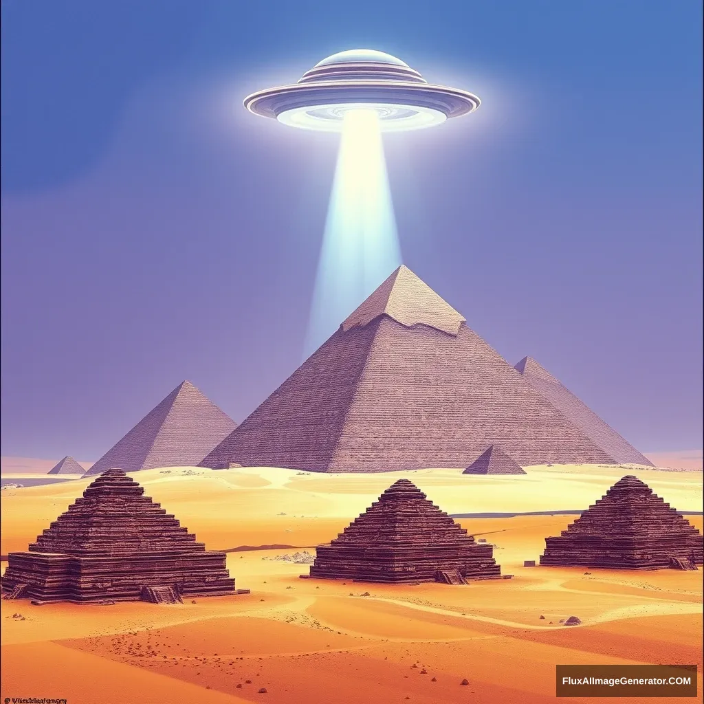 Pyramids of Giza with UFO hovering above, violet blue and sand color palette, photorealistic. - Image