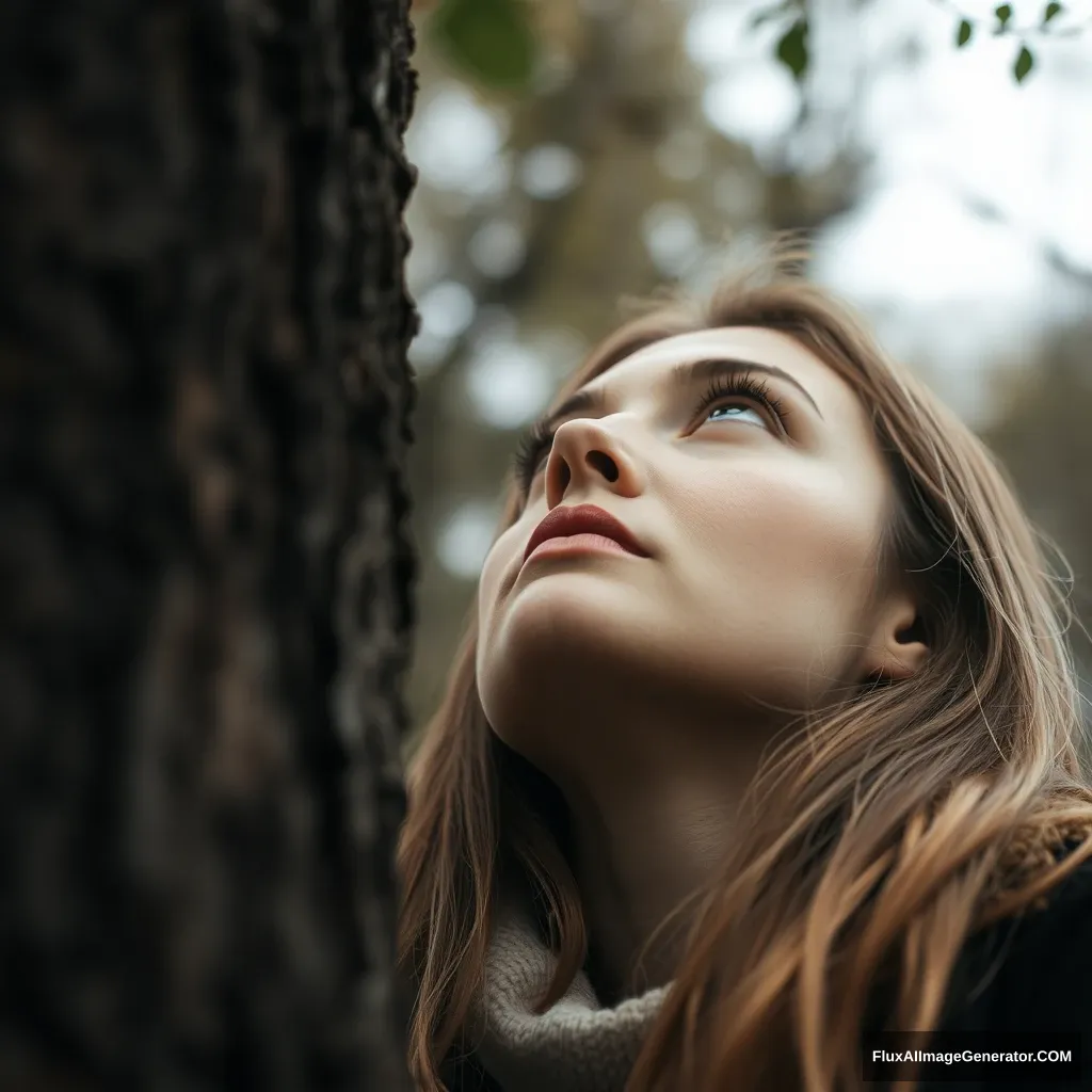 A woman is looking at the tree. Close up. - Image