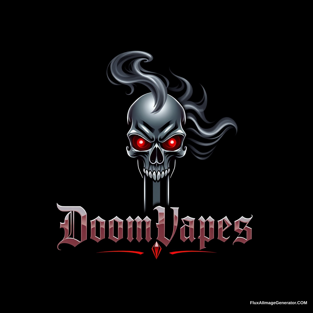 Sleek, menacing logo for DoomVapes, a vape equipment and content company. Stylized smoke forms a skull with glowing red eyes, emerging from a metallic vape pen. Gothic lettering in chrome. Dark background with neon accents. Cyberpunk meets Victorian aesthetics. Professional, edgy design.