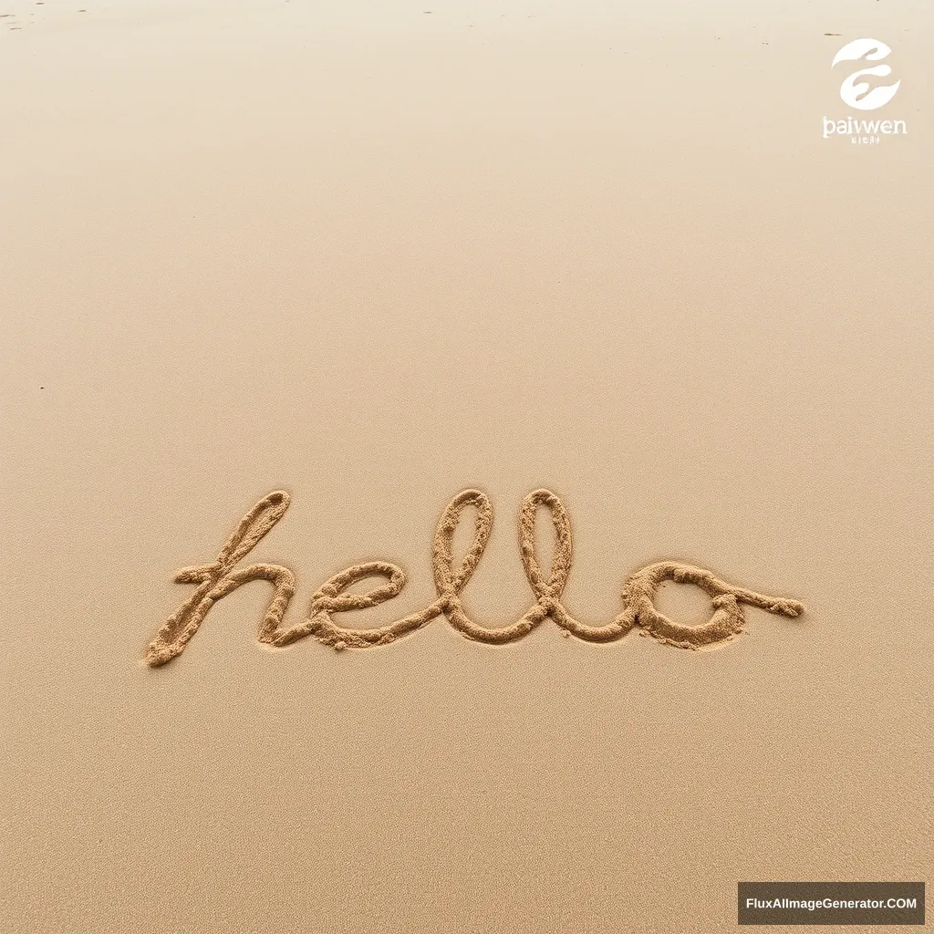 A beach, with "hello" written in the sand.