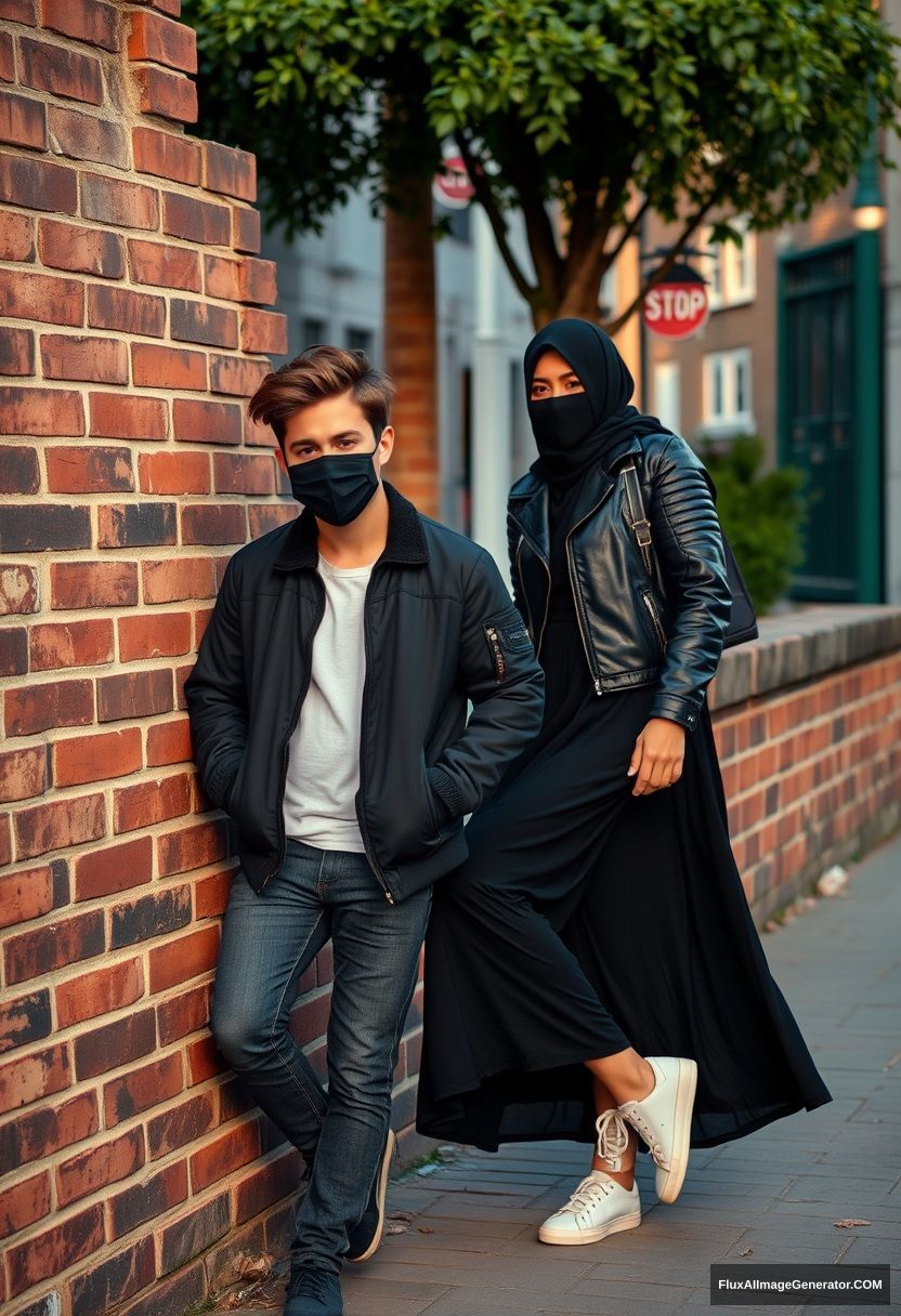 Jamie Dornan, handsome, young, wearing a black face mask, collage jacket, jeans, dating a beautiful Muslim girl in a black hijab with beautiful eyes; she is wearing a black face mask, black leather jacket, and sneakers, sporting the biggest and longest skirt while standing or lying against a brick wall in a town during the morning scenery; photorealistic, street photography.