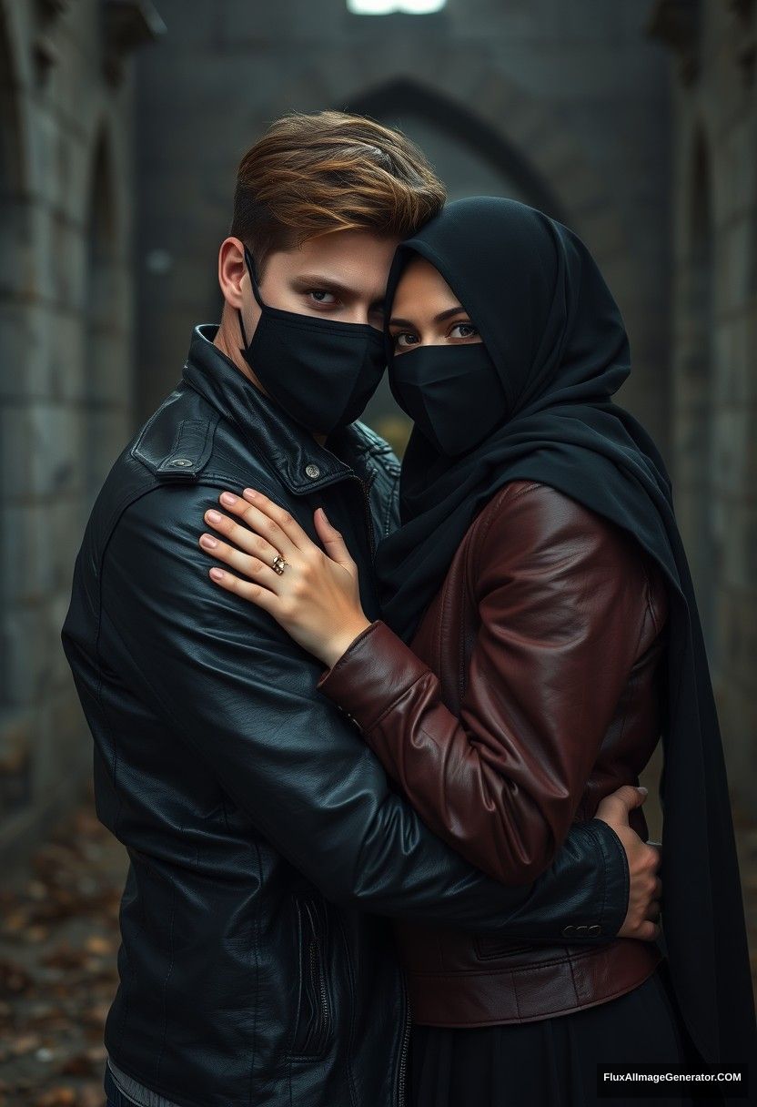 Jamie Dornan's head and body shot, handsome, face mask black, black leather jacket, dating, love hug with the biggest black hijab Muslim girl, not tall, beautiful eyes, face mask, maroon leather jacket, biggest black skirt, hyper realistic, studio photography, full body photo, explore at abandoned castle, gloomy. - Image