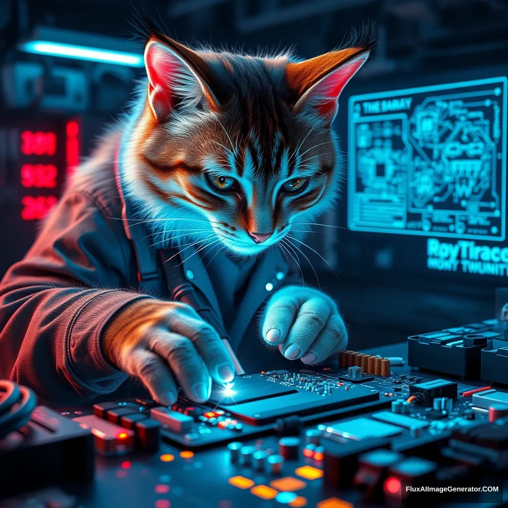 A cyberpunk feline technician, fur illuminated by neon blue LEDs, meticulously solders a complex motherboard. Holographic schematics float nearby in a dimly lit, futuristic workshop. Hyper-realistic 3D render with ray-tracing, showcasing intricate circuit details and the cat's determined expression.