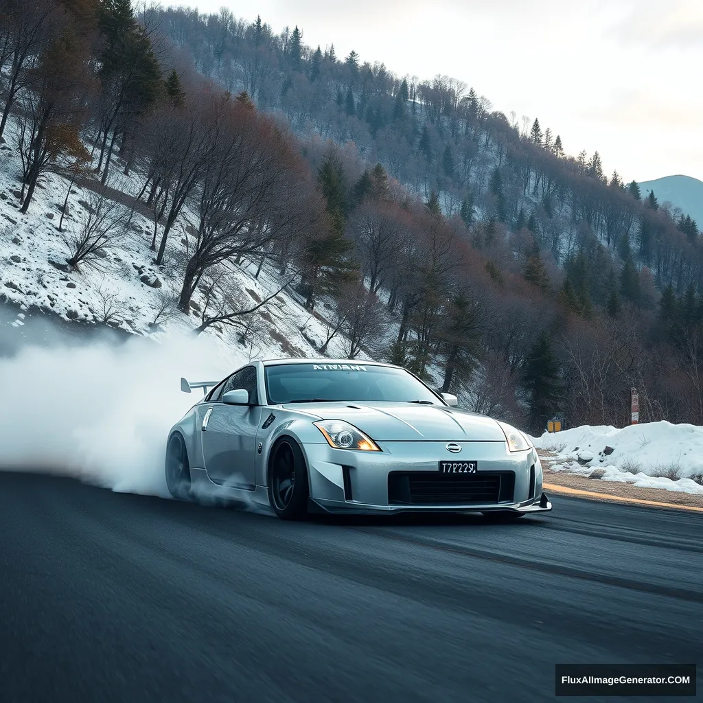 Create an image of a Nissan 350z drifting on a Japanese mountain.