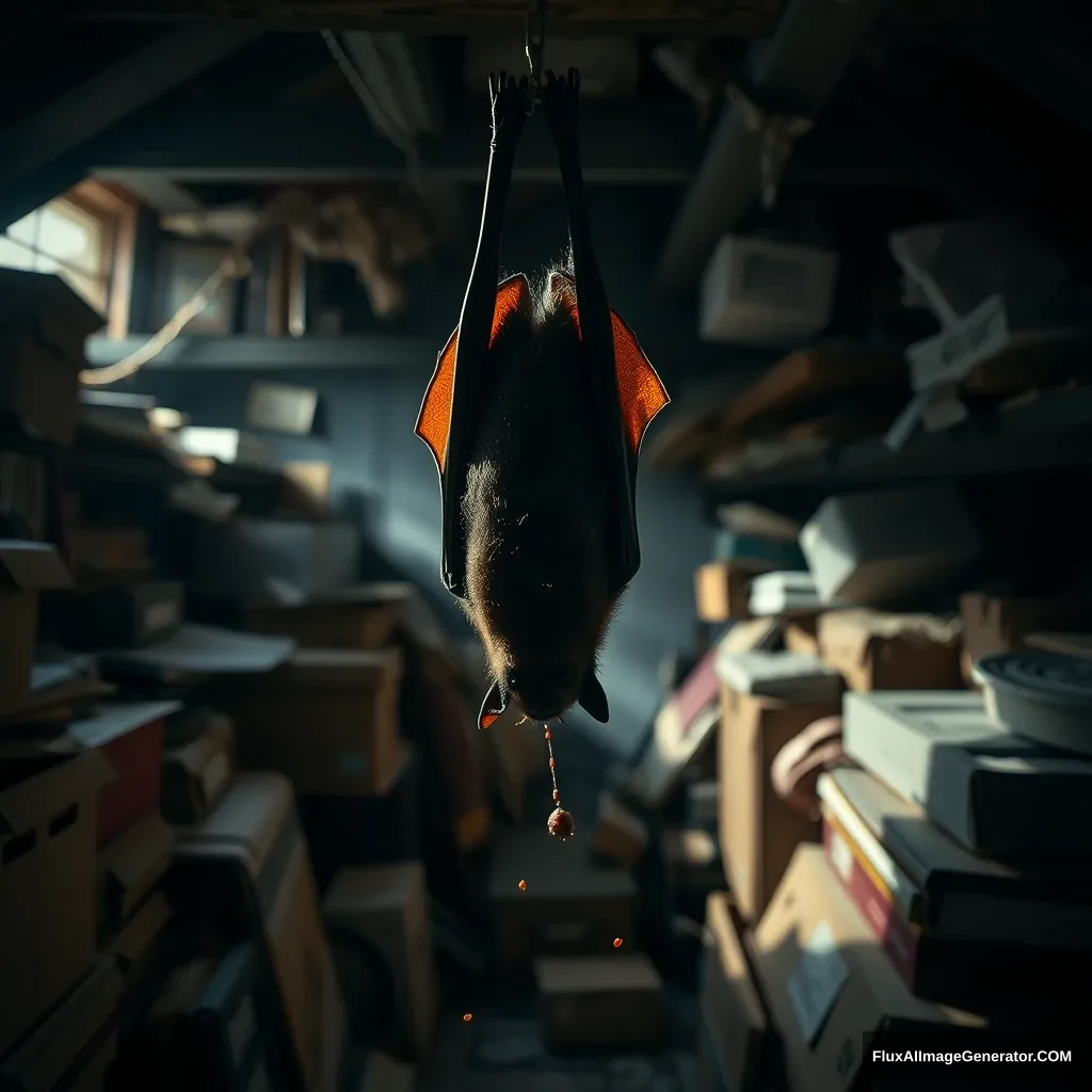 Create a cinematic photograph of a cat-sized bat hanging upside down in the shadowy corner of a cluttered walk-up attic. The scene is filled with strewn boxes and old belongings, evoking a sense of nostalgia and chaos. Dramatic lighting casts deep shadows, adding tension to the atmosphere. The bat is in the act of pooping, with small droppings scattered around the attic, emphasizing the wildness of its presence. Capture the intricacies of the bat's texture and the details of the attic environment for a captivating shot. - Image