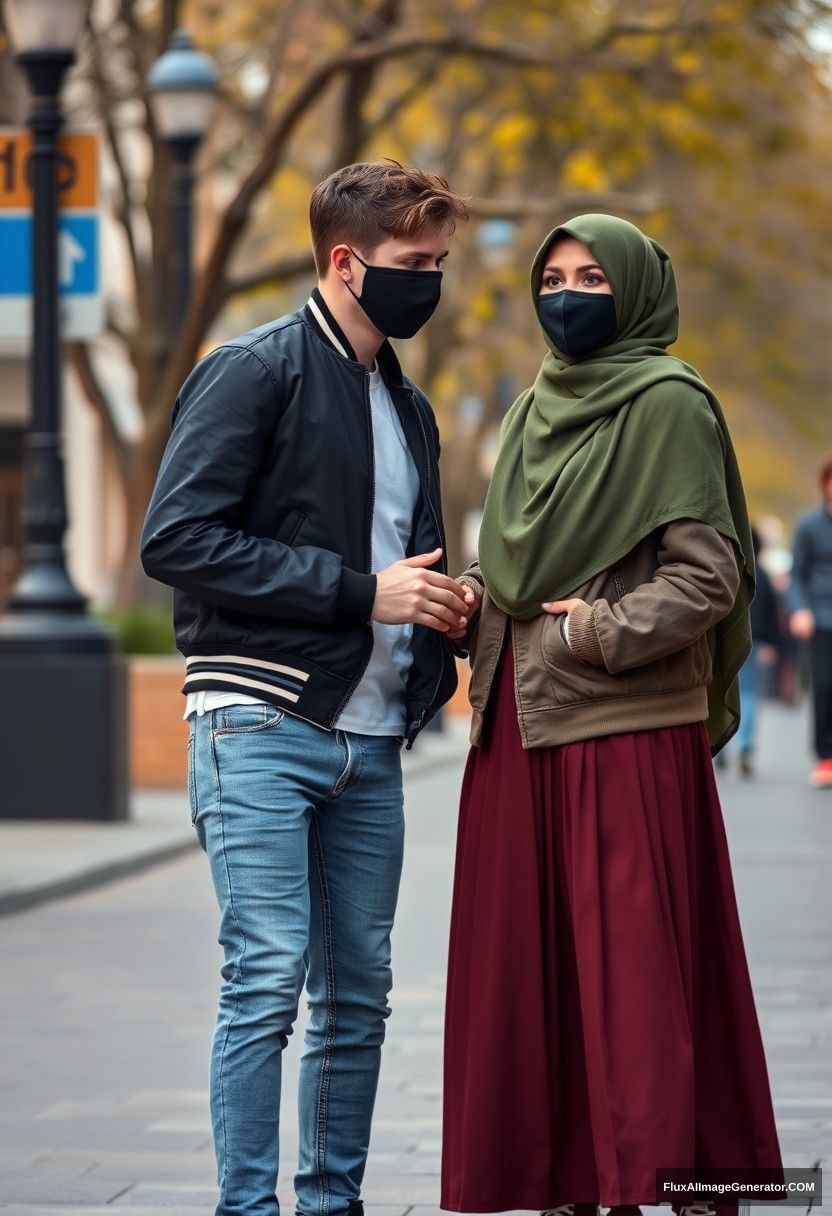 Jamie Dornan, young, black face mask, capital A collage jacket, jeans, red sneakers, dating romantically with a beautiful young Muslim girl wearing a large army green hijab, beautiful eyes, black face mask, college jacket, the longest skirt, high-top sneakers, not a tall girl, photorealistic, street photography, full photography.