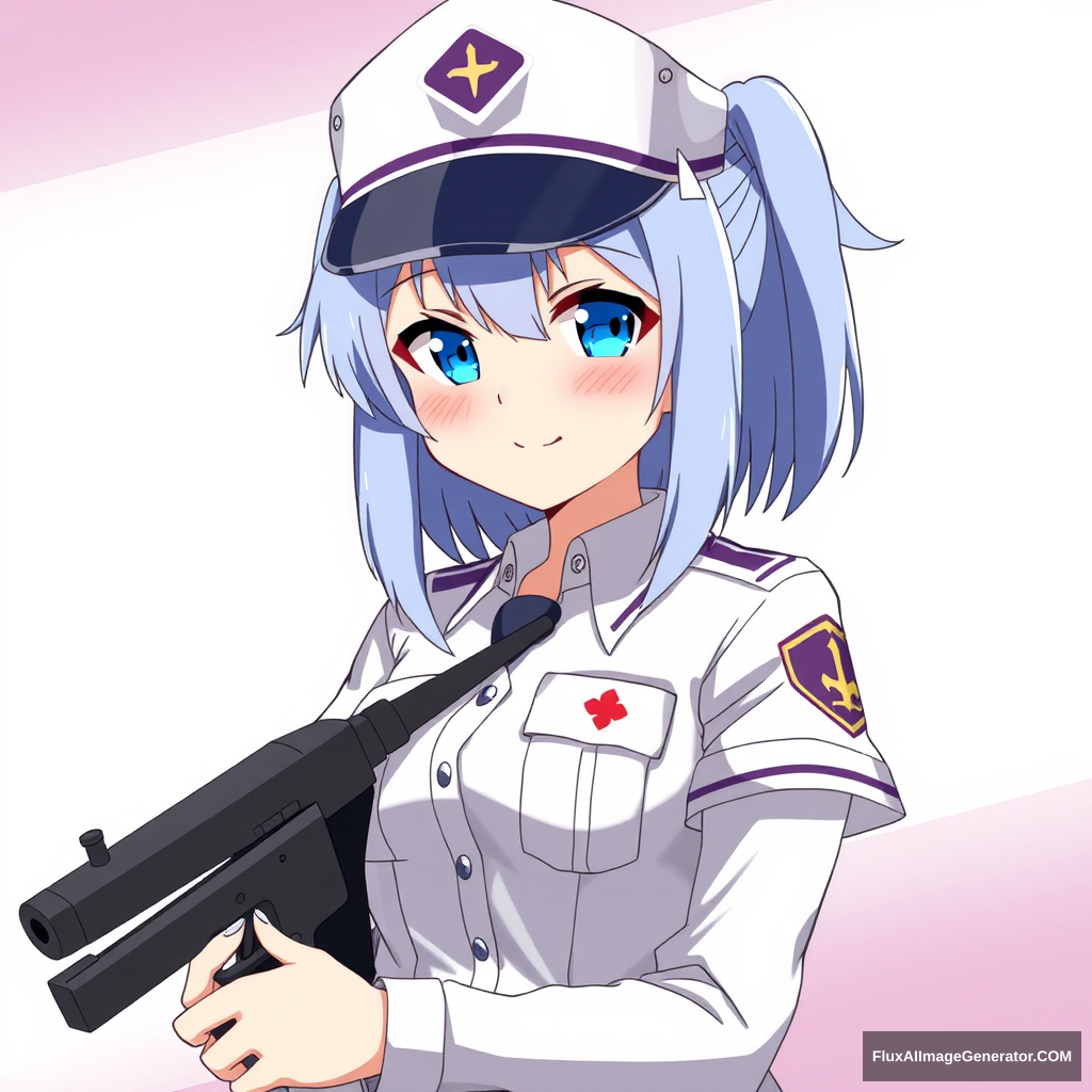 Neco Arc, neco, MELTY BLOOD, smiles and looks straight, she is dressed in a police uniform and has a gun in her hands. - Image