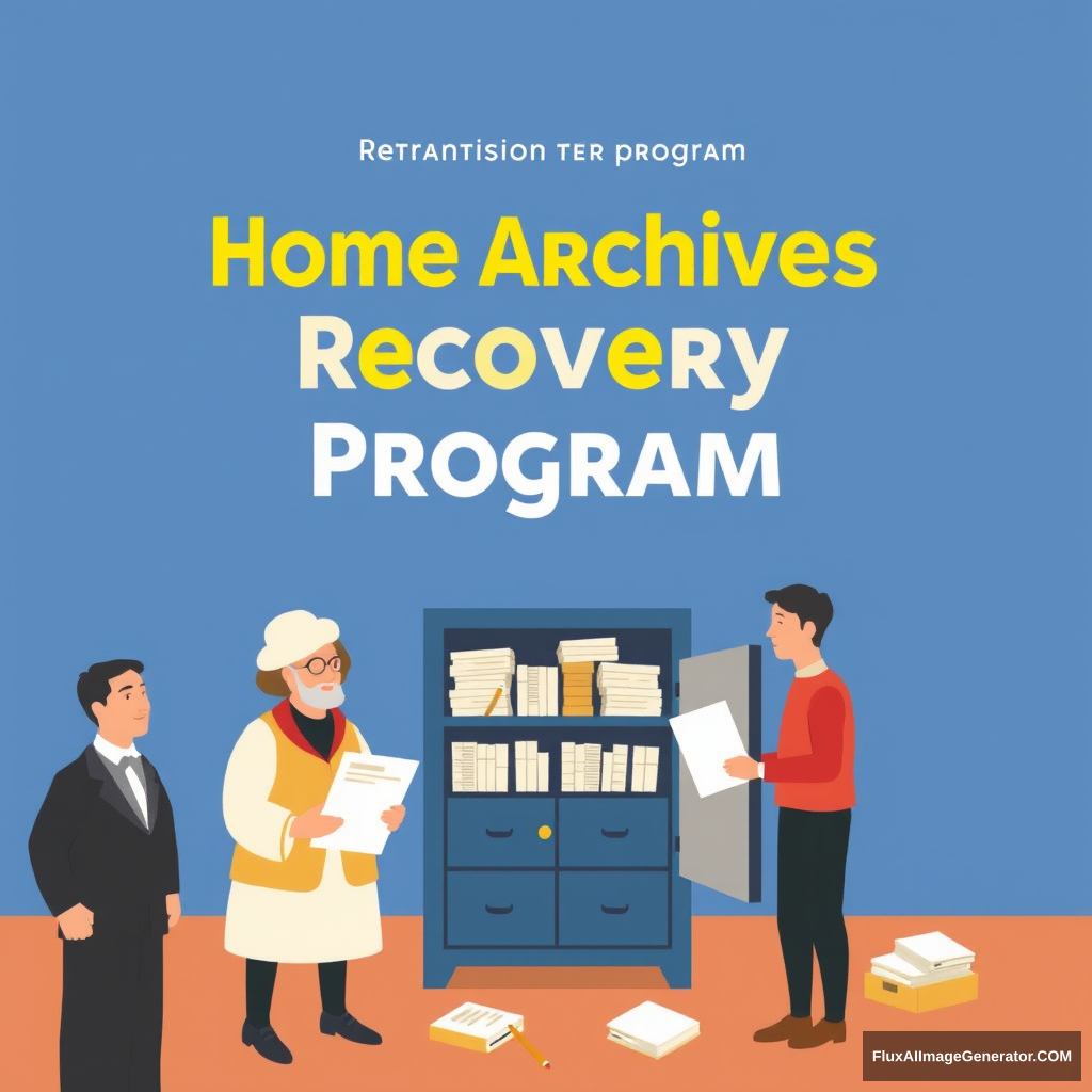 Make a promotional poster for a program called: Home Archives Recovery Program. The poster should depict historical figures from Guanajuato and other citizens depositing documents in an archive cabinet. - Image