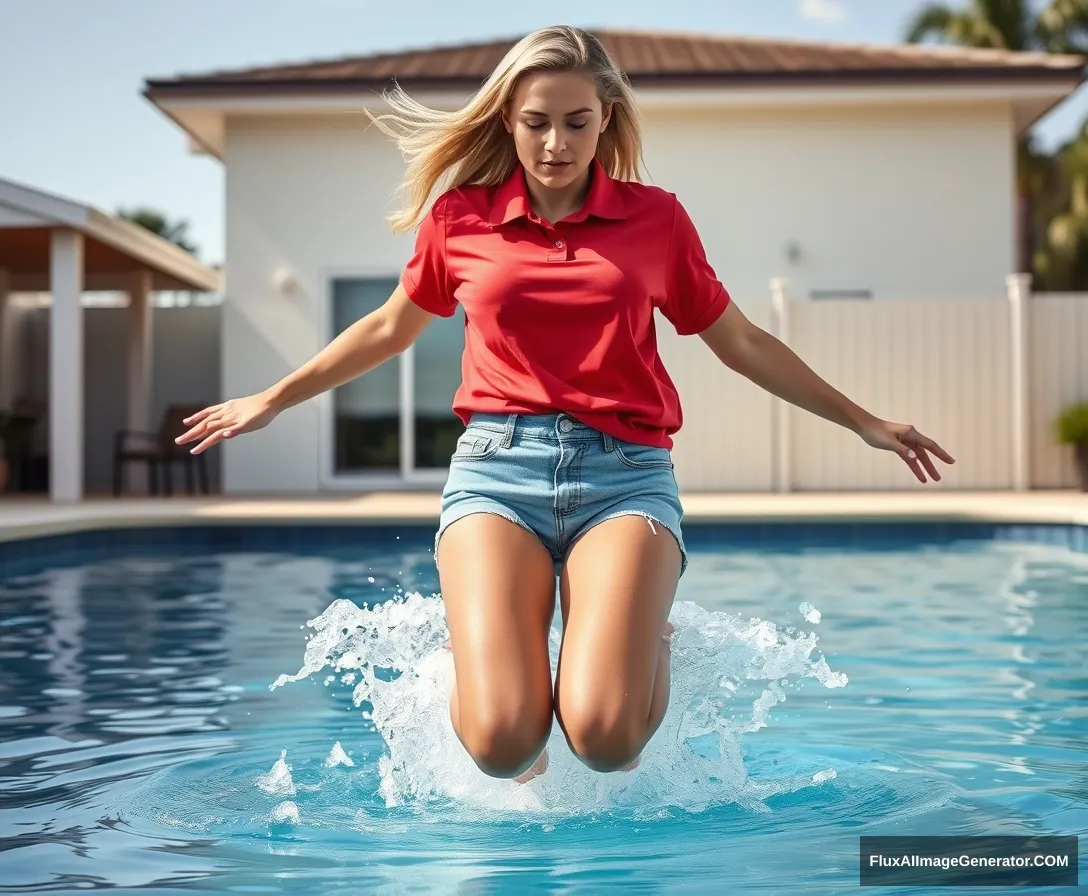 Front view of a young, skinny blonde woman with a nice tan in her early twenties, in her large backyard, wearing an oversized red polo t-shirt that is slightly off-balance on one shoulder. The bottom part of her t-shirt is untucked but also not very long. She is wearing M-size light blue denim shorts and no shoes or socks. She jumps into the pool with her arms straight down on her hips, creating a big splash with her legs as they go underwater.