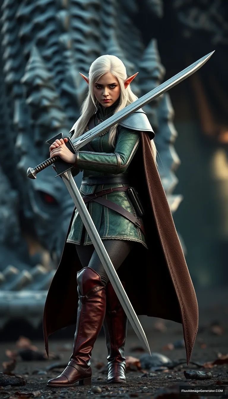 Gorgeous and elegant girl elf warrior (Emma Watson) guards with a sword, full body shot, platinum colored hair, greenish metallic military uniform, reddish military metallic boots, dark brown cloak, defocused background, huge dragon's dead, hyper-realistic photo, Unreal Engine.