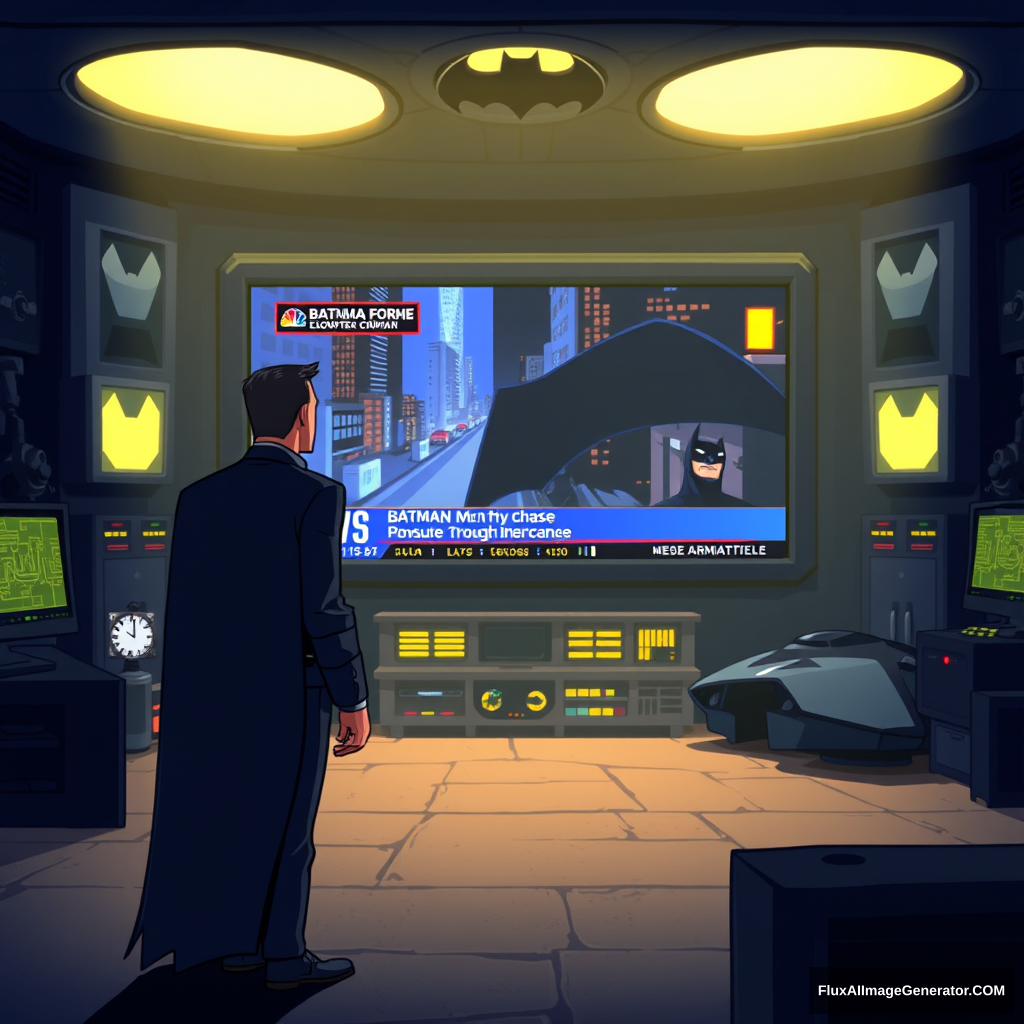 Bruce Wayne, dressed in his signature dark suit, stands in front of a massive computer screen inside the dimly lit Batcave. The screen displays a news broadcast showing Batman, mid-chase, pursuing criminals through the city. The Batcave is filled with high-tech gadgets, glowing monitors, and the iconic Batmobile in the background. The scene is depicted in a cartoon animated style, with exaggerated features, vibrant colors, and dynamic lighting that highlights the intensity of the moment.