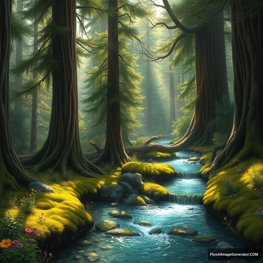 A magical forest with tall, ancient trees and a clear, gurgling stream flowing out of it. The sunlight filters through the dense foliage, creating a dappled effect on the forest floor. Moss covers the rocks along the stream's banks, and colorful wildflowers dot the landscape. --ar 16:9 --v 5 - Image