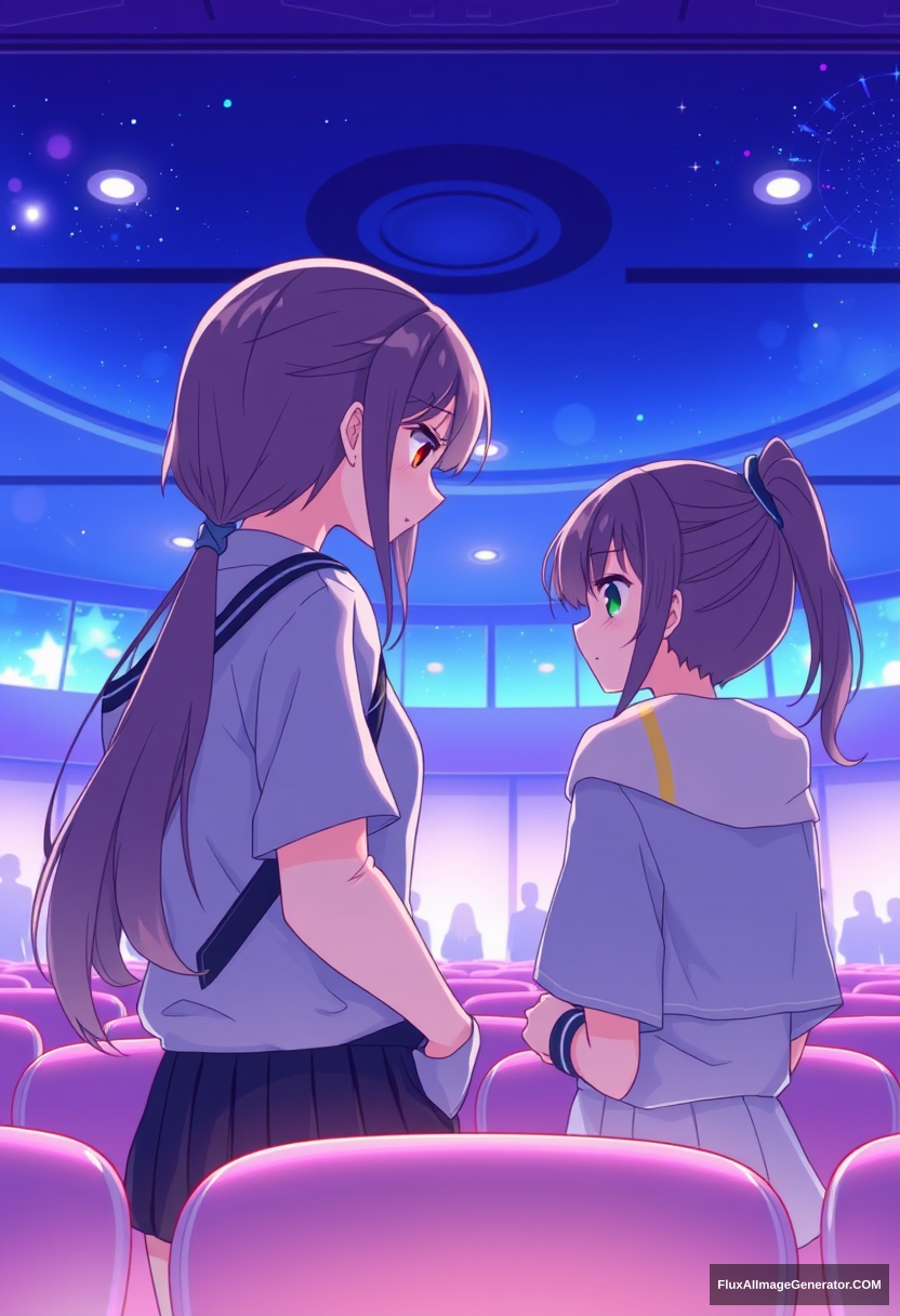 8k unity wallpaper of two girls looking down at their watch and waiting for their coming friends in the conference hall, beautiful modern anime illustration. - Image