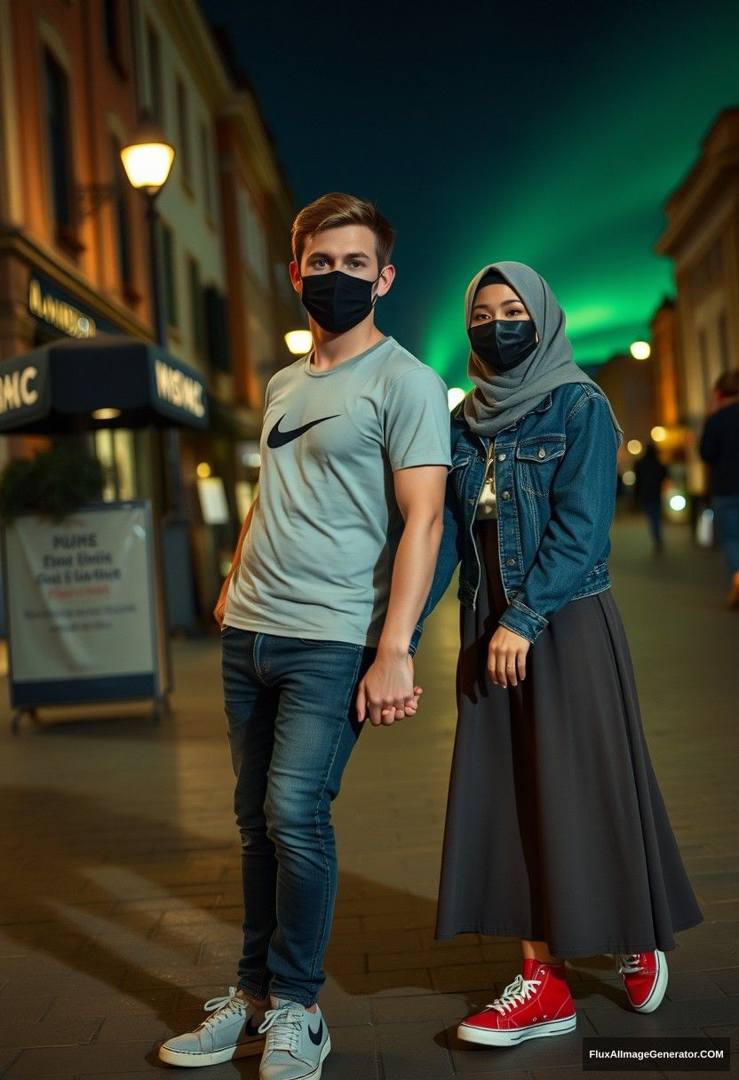 Jamie Dornan, handsome, black face mask, white Nike T-shirt, jeans, sneakers, dating romantically with a grey Hijab-wearing Muslim girl, beautiful eyes, black face mask, denim jacket, very long and wide skirt, not a tall girl, red sneakers, holding hands, in town, photorealistic, street photography, full photography, selfie photos, night scenery, aurora.