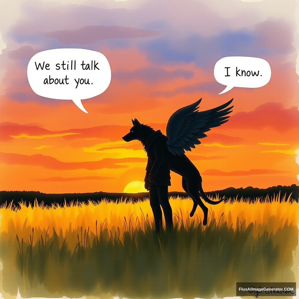 Ethereal watercolor illustration: solitary figure in meadow at golden hour, silhouetted against vibrant sunset sky. Winged canine companion beside. Speech bubbles float above: "We still talk about you" (person), "I know" (dog). Nostalgic atmosphere, brushstrokes convey wistful longing. Warm palette, dreamy textures.