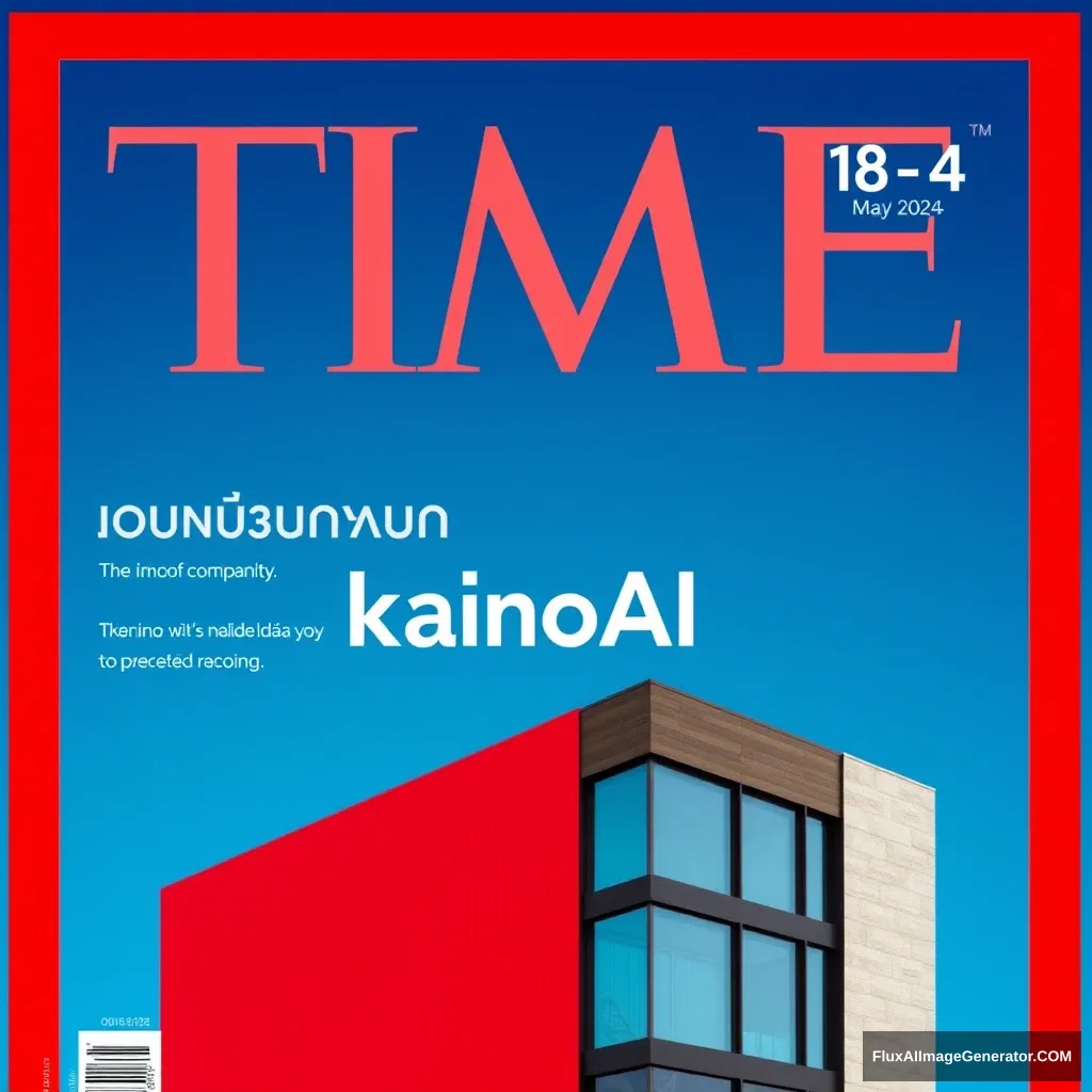 A TIME magazine cover shows a "KainoAI" company, background is blue, top-right corner shows date 18 May 2024. - Image