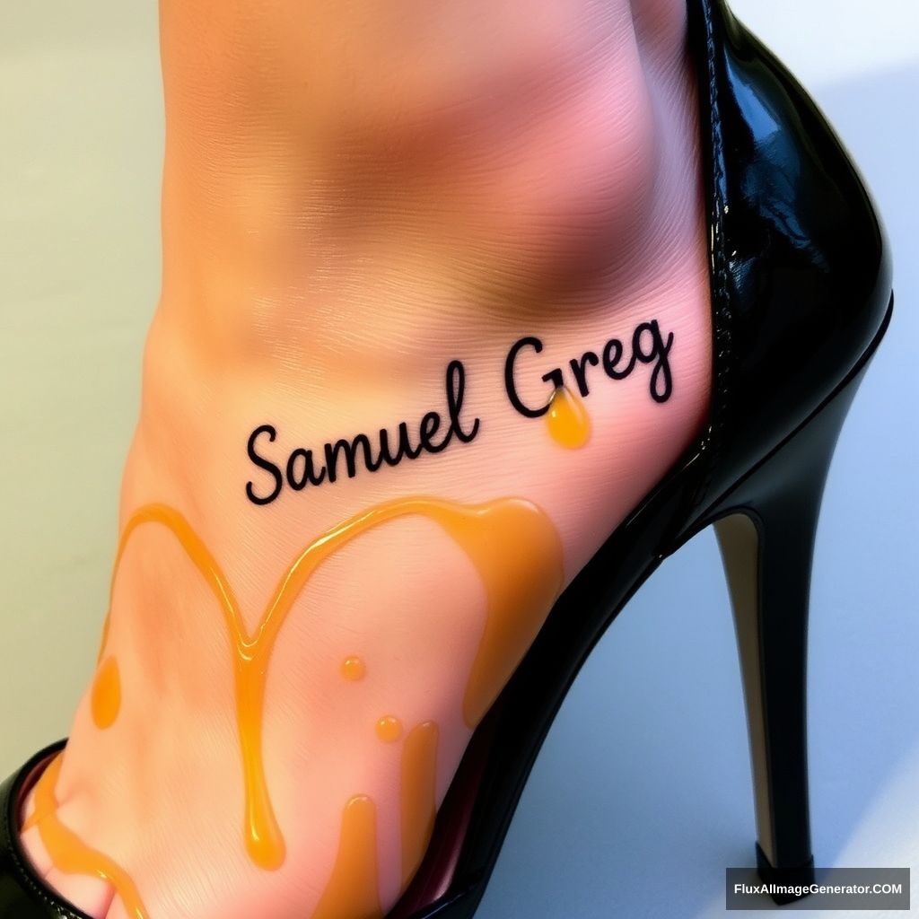 The name "Samuel Greg" is on a woman's foot in a black high heel. There is oil all over the foot. - Image