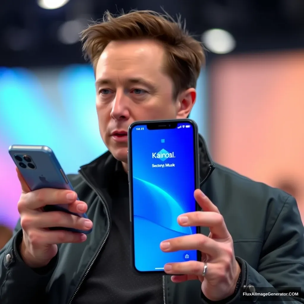 Elon Musk sostiene un teléfono y la pantalla del teléfono muestra la aplicación KainoAI, que tiene un estilo azul. - Image