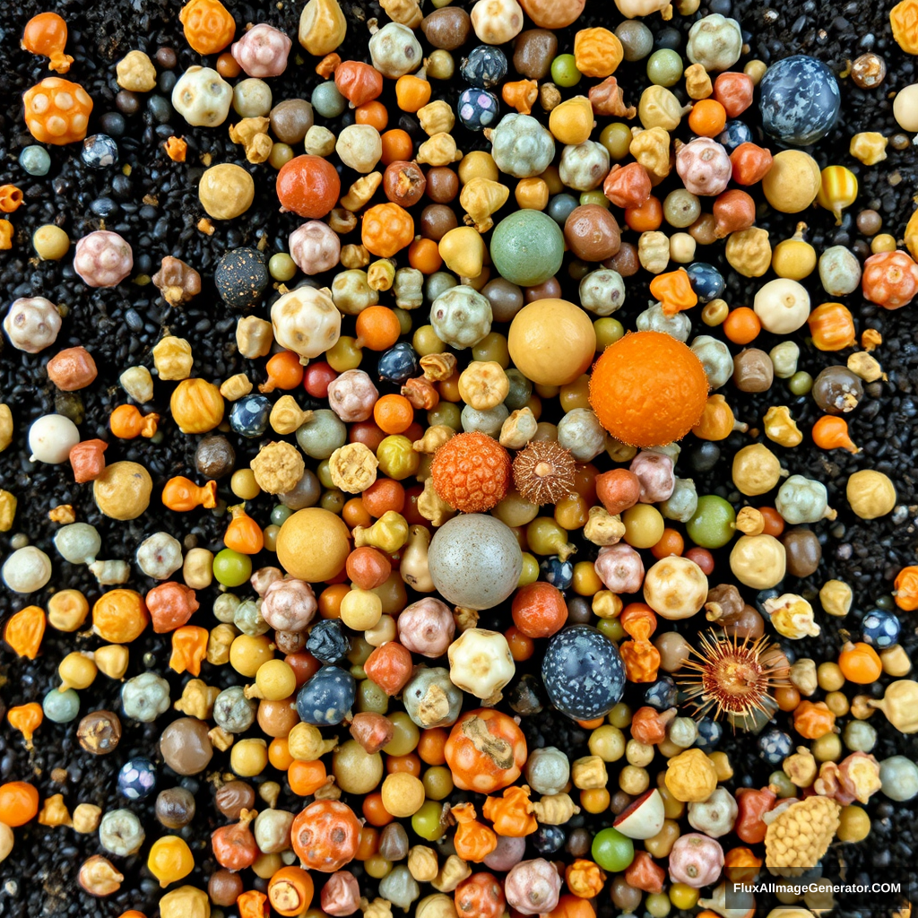 Lots of types and colors of microbes covering the ground, black background.