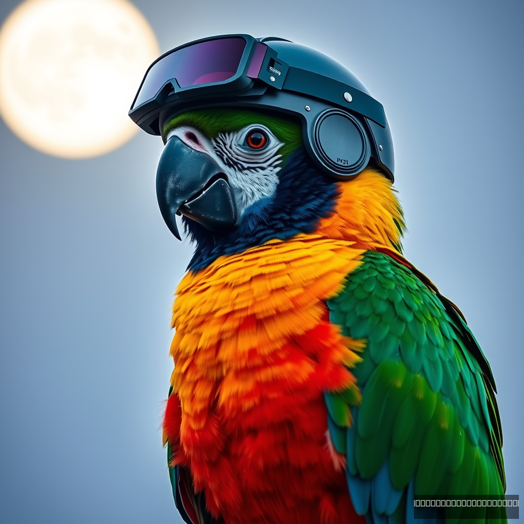 portrait of a colorful parrot, standing on the tree, wearing a high-cut fast helmet with PV31 night vision goggles mounted on, bright moonlight, 4k, facing the camera.