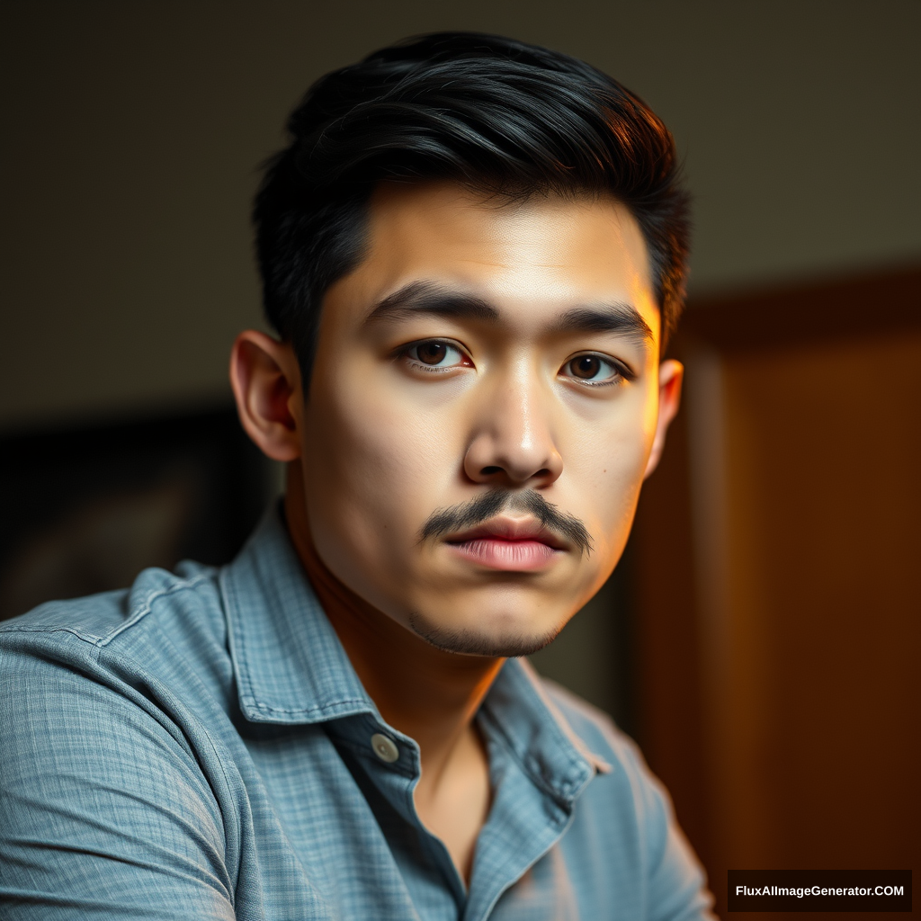 A handsome Asian man in his 20s with a mustache, looking sad.