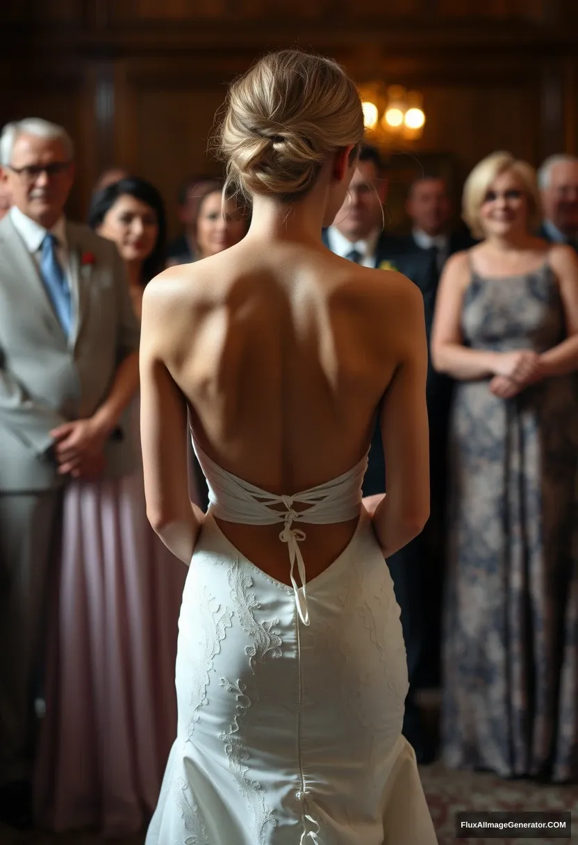 A short young woman, sensitive, delicate, ashamed, wearing a backless, strapless, side-less, low-waisted, open-back contouring wedding dress that's starting to come undone, in front of elder patriarchy, expectations, anticipation. - Image