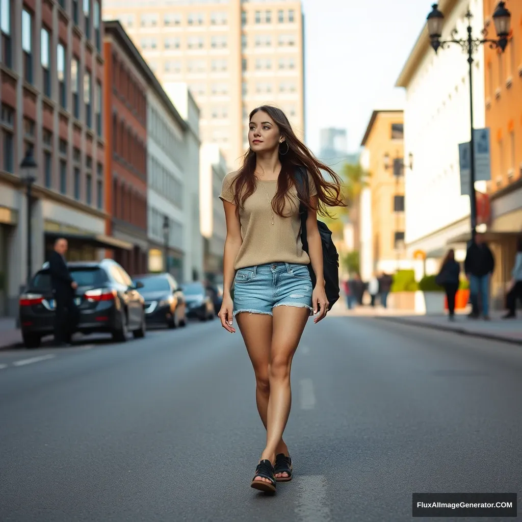 21-year-old brunette college girl with long legs walks through town, slim legs. - Image