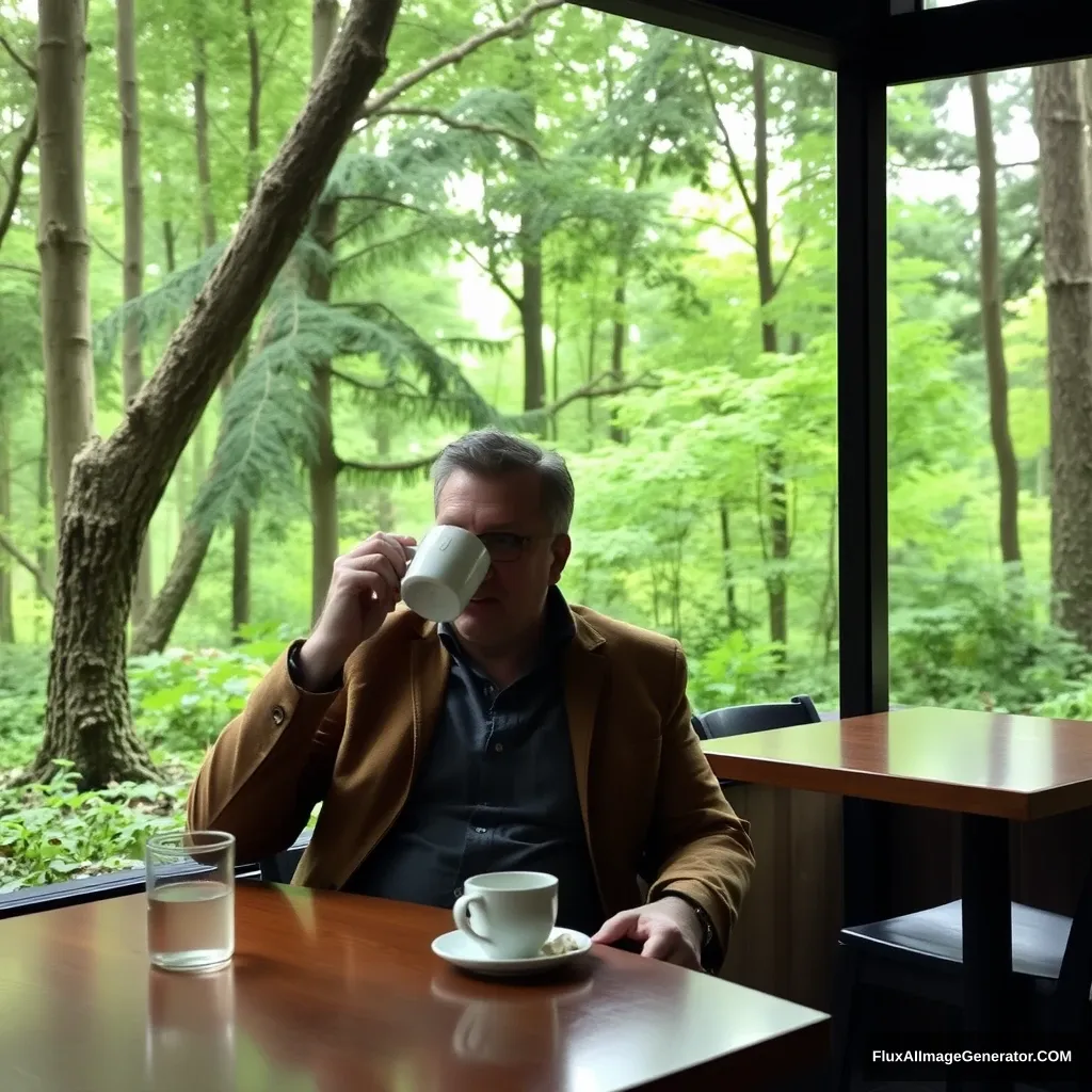 'Manager drinking coffee in a cafe in the forest.'