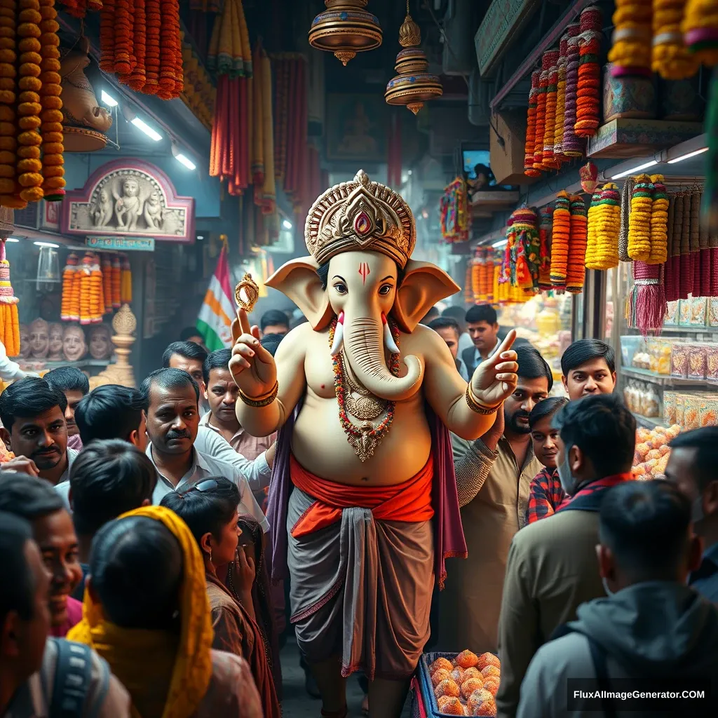 Create a 4K image using Unreal Engine, depicting Lord Ganesha as a real human god in the midst of a dense, bustling Indian market. Ganesha should be the same height as the surrounding people, blending seamlessly into the crowd, yet his divine presence subtly stands out. He is dressed in a blend of traditional dhoti and modern attire, with his human-like features reflecting a calm and joyful demeanor.

The market is alive with vibrant stalls selling marigold garlands, clay idols, sweets, and colorful decorations. The air carries a hint of dust, adding a layer of realism to the scene. People around him are frozen in a moment of surprise and awe, some smiling, others wide-eyed as they recognize the god among them. The vibrant colors of the market, the rich textures, and the interplay of light and shadow should be rendered in stunning detail, capturing the essence of an authentic Indian market with a touch of the divine.

Include subtle details like Ganesha reaching out for fresh flowers, examining the finest modaks, while the vendors and shoppers are caught off guard, their expressions a mix of reverence and disbelief. The overall atmosphere should be a blend of the divine and the everyday, creating a captivating and immersive scene. Ganesha should have four hands.