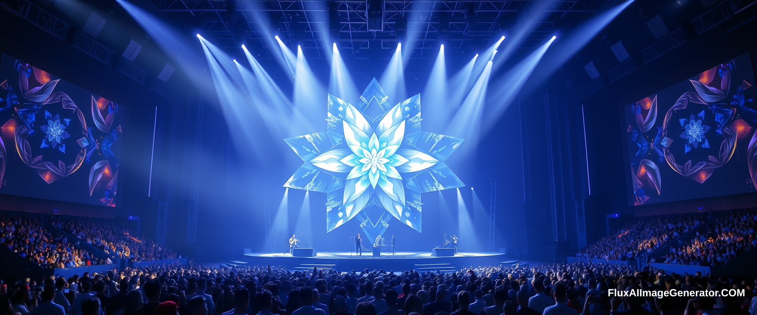 Diamond-inspired music stage, dark blue tones, spotlights, large audience, luxurious, inspired by the flower in the following photo link: https://www.msb.com.vn/documents/20121/0/MFirst_poster_1200x628px.png/9473c12e-4c95-2ae1-4d5a-6fb863910f50?t=1680687044173