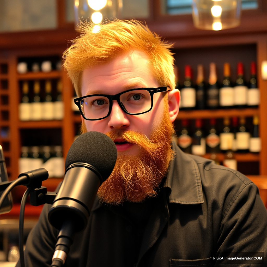 Ginger-haired boom mic audio tech with a beard and glasses in a wine bar.