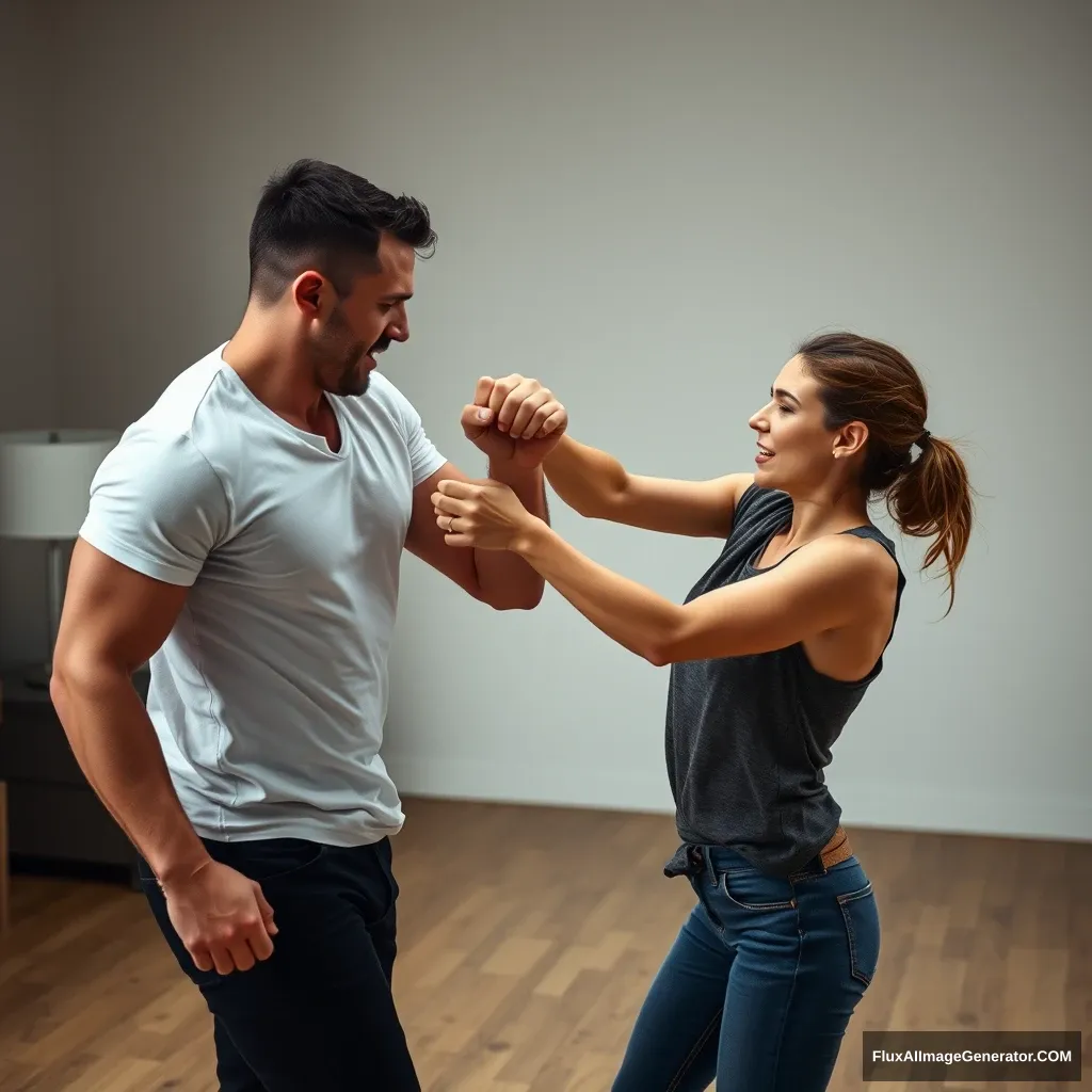 A pretty small delicate and slim lady fighting her big muscular boyfriend in a casual fight. She is in control and has him completely immobilized.