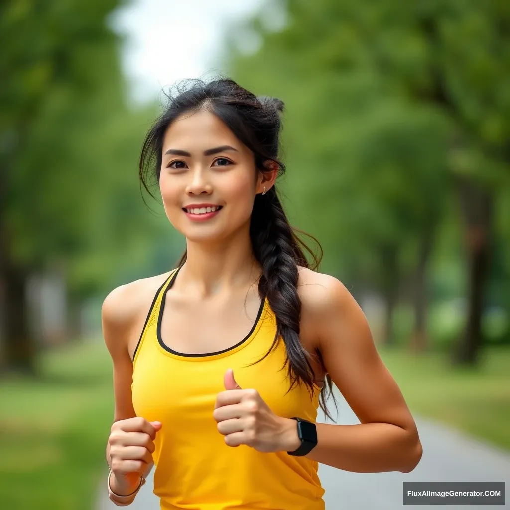 A running woman, Asian, a young married woman, wearing yellow yoga attire.