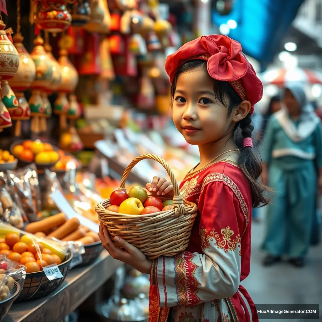 A realistic high-definition photo style, featuring a young girl holding a small basket filled with fresh fruits and crafts. The goods at the stall are colorful and dazzling. Dressed in traditional clothing, I communicate with the vendors, feeling completely immersed in this bustling market. - Image