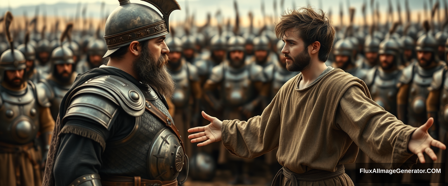 Create an image of two men standing apart and arguing while onlookers crowd around. The man on the right is a young man with his arms stretched out to the sides, looking shocked. He has messy, unkempt hair and a beard, and he is wearing simple biblical-era shepherd’s clothes. He is sternly looking into the left eye of the other man. The other man appears middle-aged, with his left hand raised, trying to stop the young man. He has a Jewish black beard and is dressed in a full suit of bronze-age laminated mail, topped with a conical helmet with a pointed tip. The background features a blurred crowd of soldiers, all wearing armor similar to that of the king. Standing on the horizon further in the background is a blurred front of a large biblical-era army. The overall mood of the image is one of anxiety and concern.